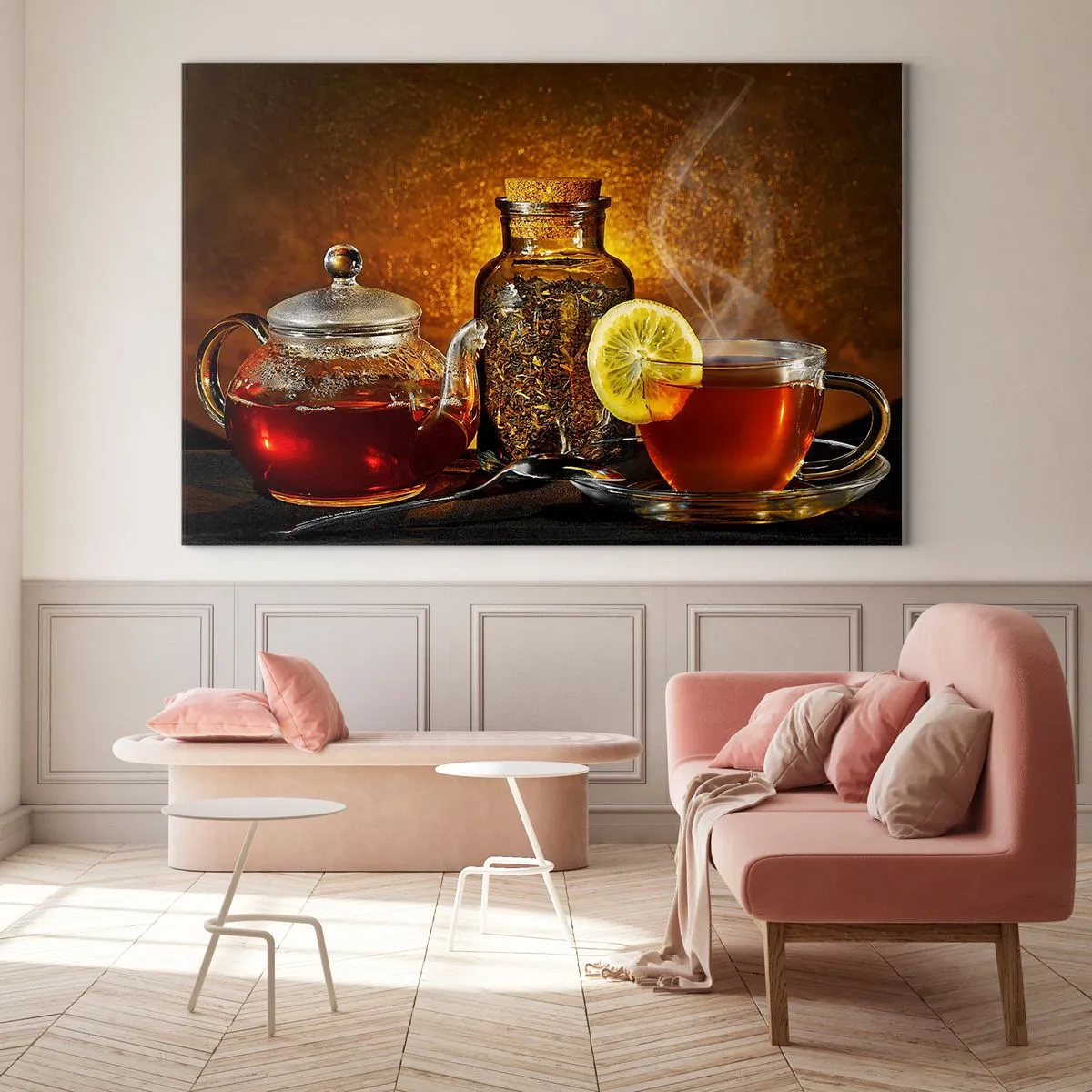 Glasbild - Bild auf glas - Eine Teekanne aus Glas und eine Tasse Tee mit Zitrone - 70x50cm - Im Stil der niederländischen Meister - Moderne Wanddekoration für Wohnzimmer und Schlafzimmer ARTTOR