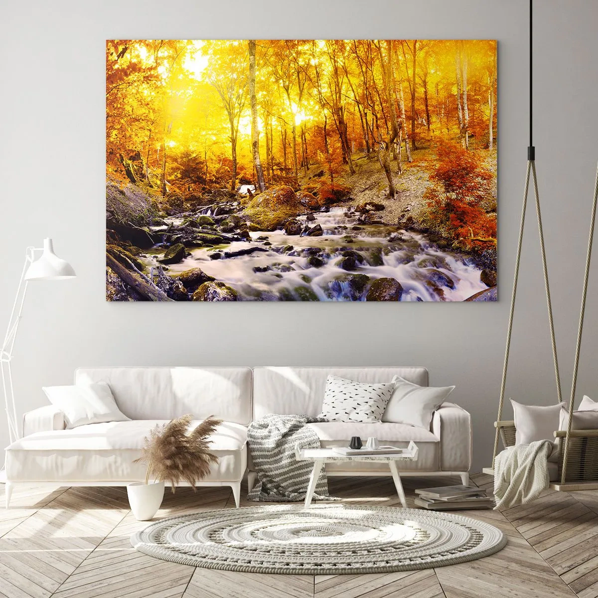 Glasbild - Bild auf glas - Herbstwald mit einem Fluss in den Strahlen des warmen Lichts - 70x50cm - In Gold und Platin gefasste Steine - Moderne Wanddekoration für Wohnzimmer und Schlafzimmer ARTTOR