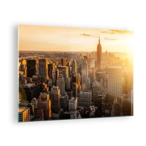Glasbild - Bild auf glas - Skyline von New York City bei Sonnenuntergang - 70x50cm - In der Sonne wachsen - Moderne Wanddekoration für Wohnzimmer und Schlafzimmer ARTTOR