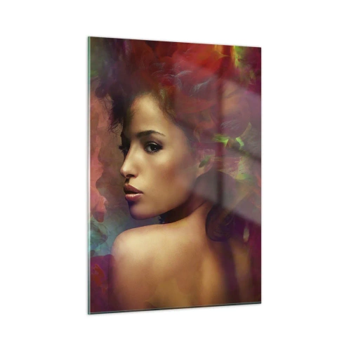 Glasbild - Bild auf glas - Porträt einer Frau in farbenfroher, abstrakter Umgebung - 50x70cm - Schöner als ein Regenbogen, so zart wie ein Nebel - Moderne Wanddekoration für Wohnzimmer und Schlafzimmer ARTTOR