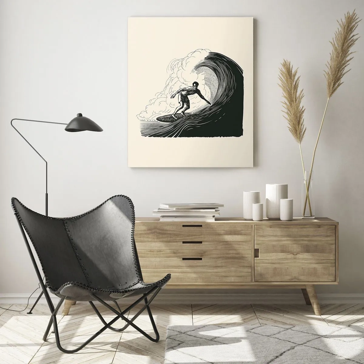 Glasbild - Bild auf glas - Surfer reitet auf einer hohen Welle im Retro-Zeichenstil - 50x70cm - König der Welle - Moderne Wanddekoration für Wohnzimmer und Schlafzimmer ARTTOR