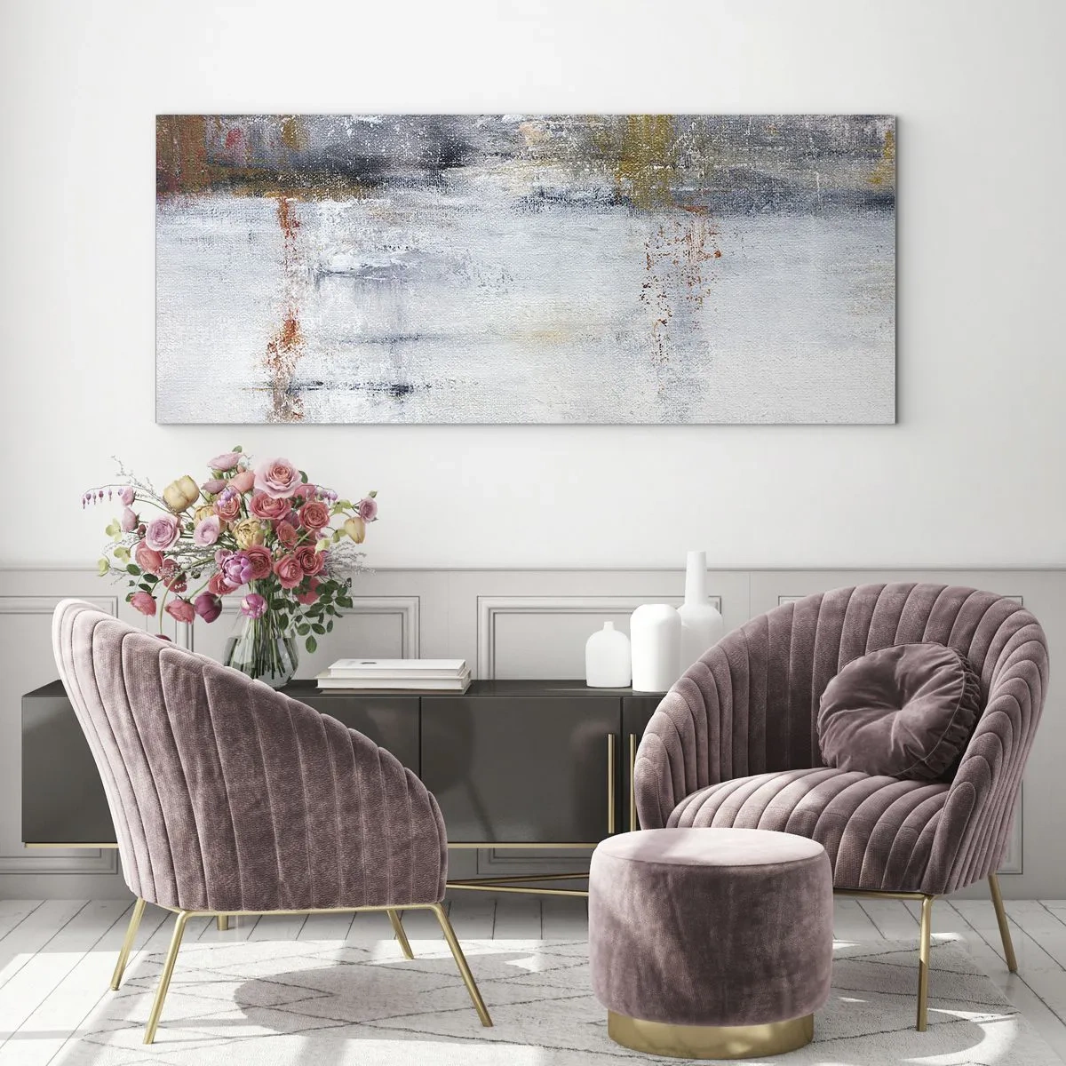 Glasbild - Bild auf glas - Eine abstrakte Landschaft mit verschwommenen Akzenten in Grau und Gold. - 160x50cm - Hinter dem Luftvorhang - Moderne Wanddekoration für Wohnzimmer und Schlafzimmer ARTTOR