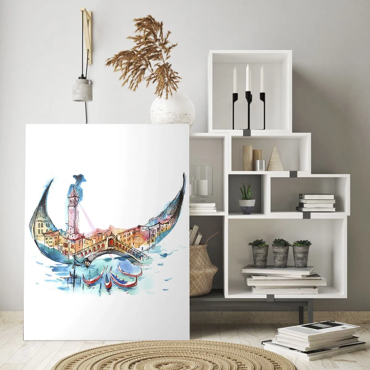 Glasbild - Bild auf glas - Eine Aquarellkomposition von Venedig in Form einer Gondel - 70x100cm - Wir segeln durch die Stadt - Moderne Wanddekoration für Wohnzimmer und Schlafzimmer ARTTOR