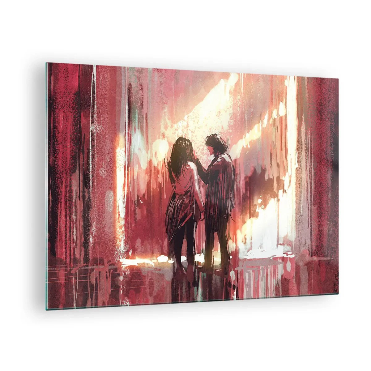 Glasbild - Bild auf glas - Ein Paar im warmen Licht einer abstrakten Kulisse - 70x50cm - Das ewige Schauspiel der Liebe - Moderne Wanddekoration für Wohnzimmer und Schlafzimmer ARTTOR