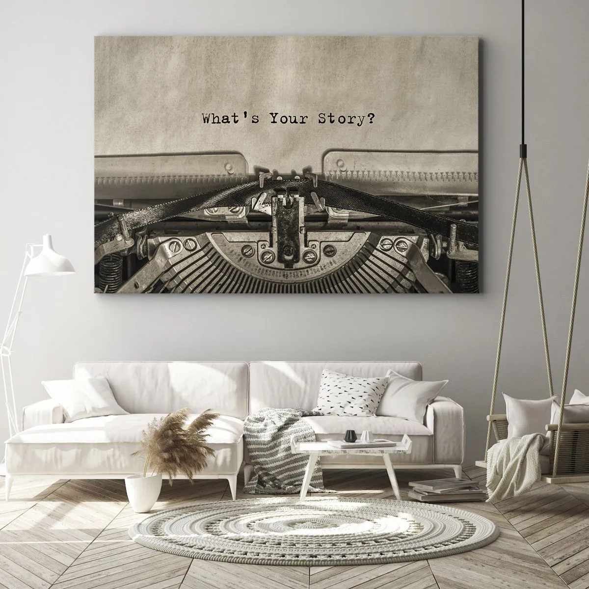 Bild auf Leinwand - Leinwandbild - Eine Schreibmaschine mit den Worten „Was ist Ihre Geschichte?“ - 70x50cm - Erzähl es mir - Moderne Wanddekoration für Wohnzimmer und Schlafzimmer ARTTOR