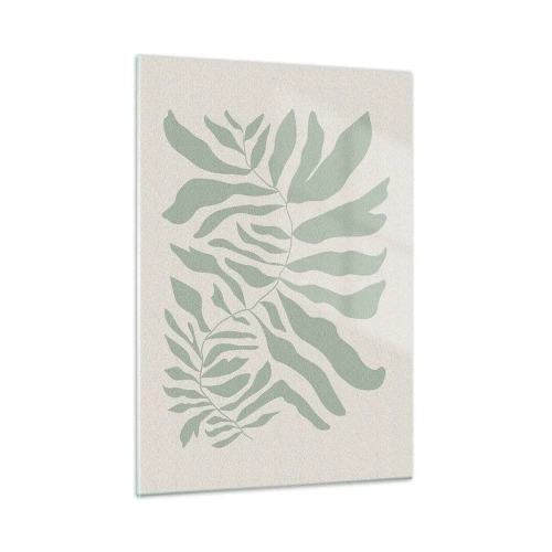 Glasbild - Bild auf glas - Ein smaragdgrüner Zweig mit organischen Formen auf hellem Hintergrund - 50x70cm - Smaragdzweig - Moderne Wanddekoration für Wohnzimmer und Schlafzimmer ARTTOR