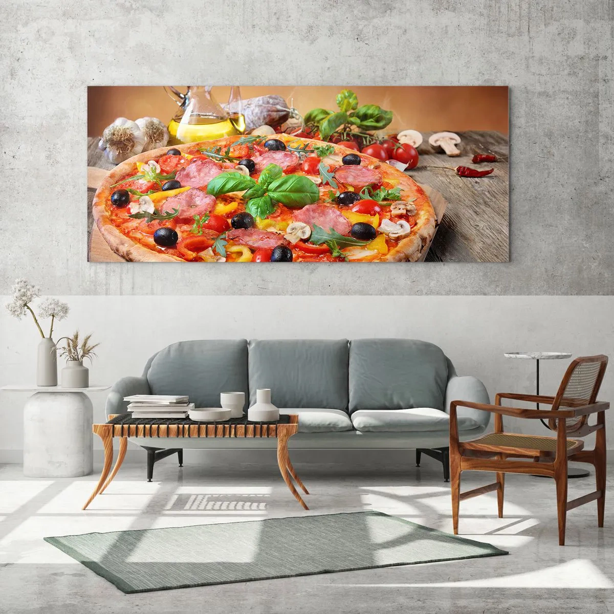 Glasbild - Bild auf glas - Appetitliche Pizza auf einem Holztisch mit Belag - 160x50cm - Mit echtem italienischem Flair - Moderne Wanddekoration für Wohnzimmer und Schlafzimmer ARTTOR