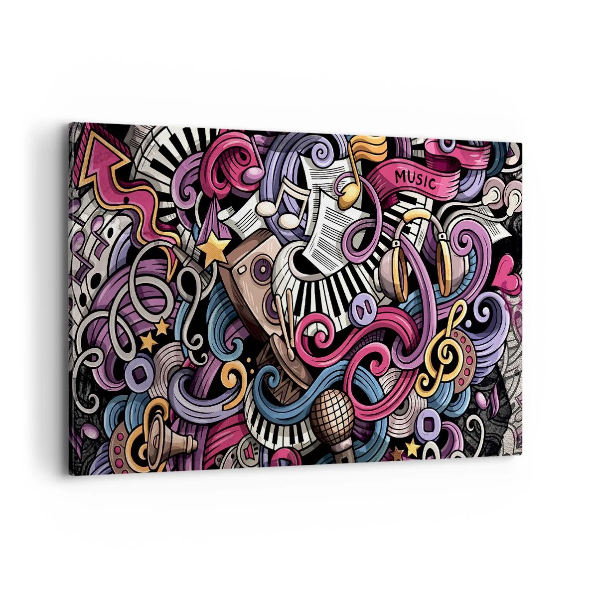 Bild auf Leinwand - Leinwandbild - Eine musikalische Abstraktion voller farbenfroher Instrumente und Noten. - 100x70cm - Komplizierte Melodie - Moderne Wanddekoration für Wohnzimmer und Schlafzimmer ARTTOR
