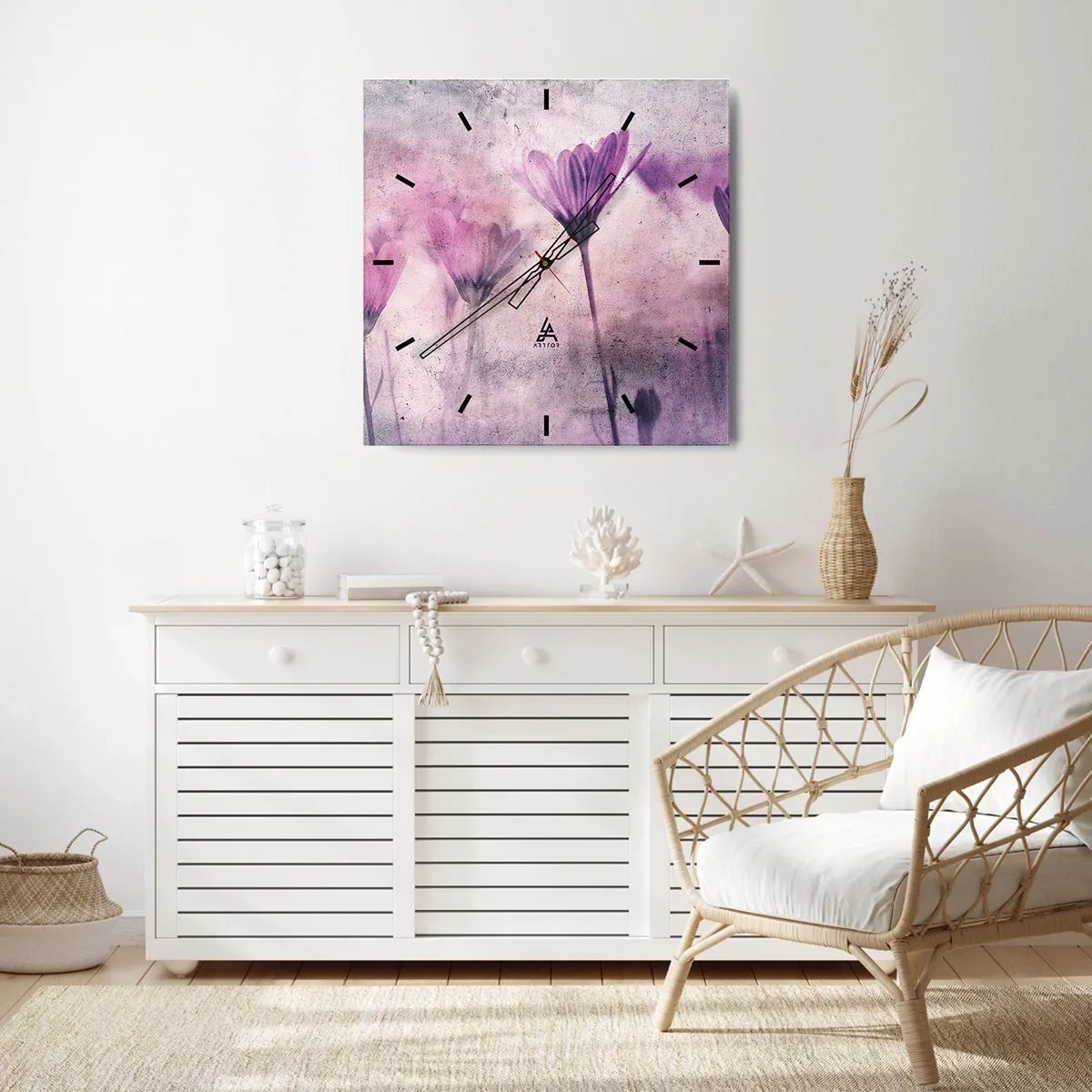Wanduhr - Glasuhr - Zarte Blüten in Lilatönen auf hellem Untergrund - 30x30cm - Ein Blumentraum - Moderne Wanddekoration für Wohnzimmer und Schlafzimmer ARTTOR