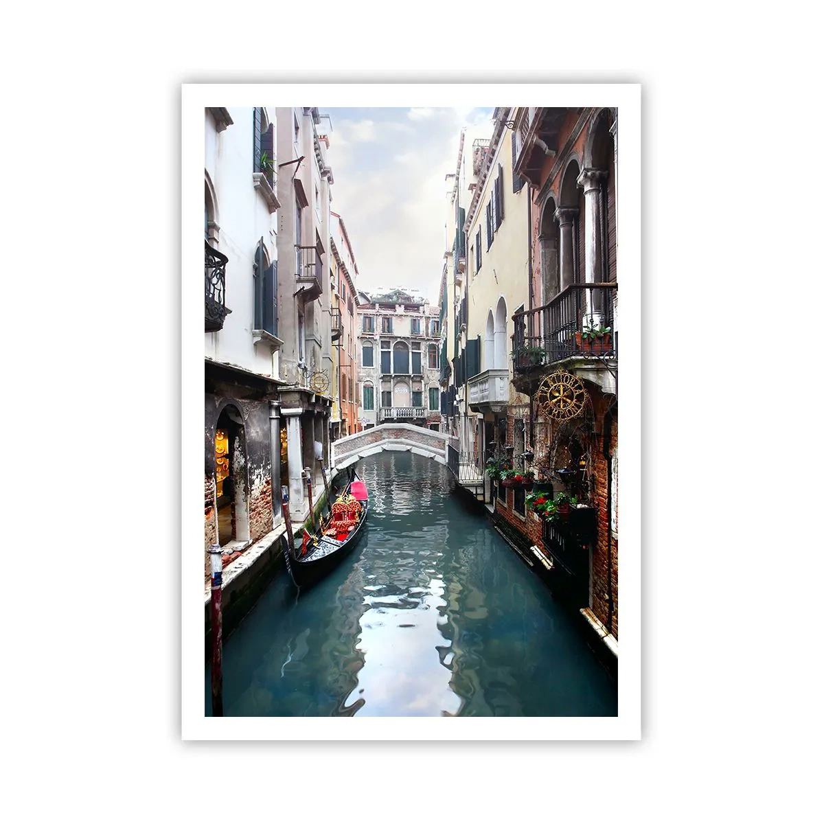 Poster - Venezianische Landschaft mit Gondel und Brücke - 70x100 cm