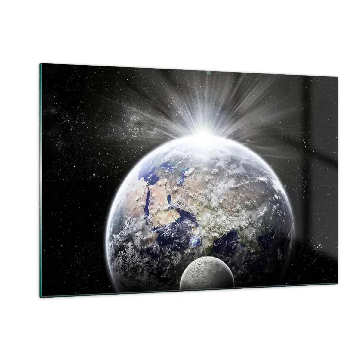 Glasbild - Bild auf glas - Erde und Mond in einer Weltraumlandschaft - 120x80cm - In voller Pracht - Moderne Wanddekoration für Wohnzimmer und Schlafzimmer ARTTOR