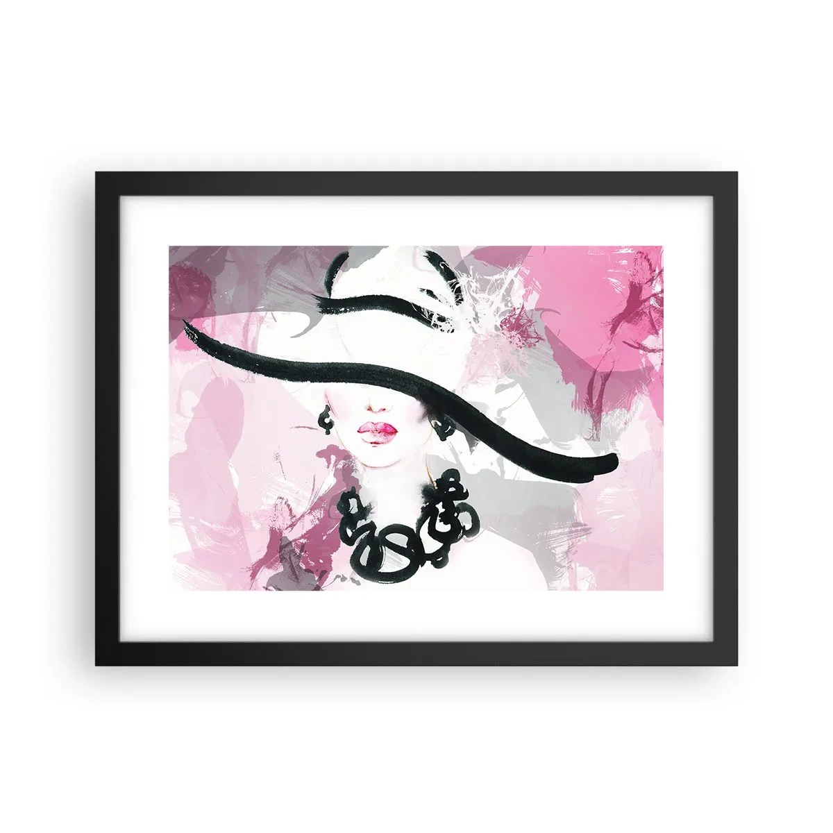 Poster in einem schwarzem Rahmen - Bildnis einer Dame in Schwarz und Pink - 40x30 cm