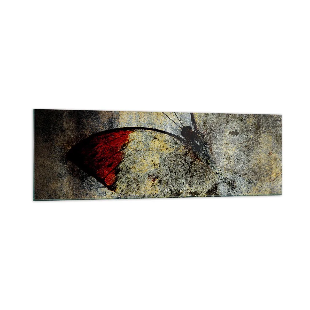 Glasbild - Bild auf glas - Ein Schmetterling in Rot- und Grautönen auf strukturiertem Hintergrund - 160x50cm - Pass auf, bevor ich verschwinde - Moderne Wanddekoration für Wohnzimmer und Schlafzimmer ARTTOR