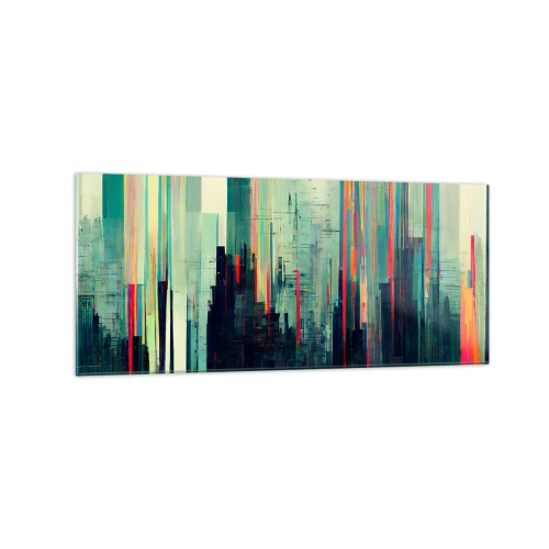 Glasbild - Bild auf glas - Abstraktion mit vertikalen Linien und einer Stadtsilhouette - 120x50cm - Futuristische Stadt - Moderne Wanddekoration für Wohnzimmer und Schlafzimmer ARTTOR