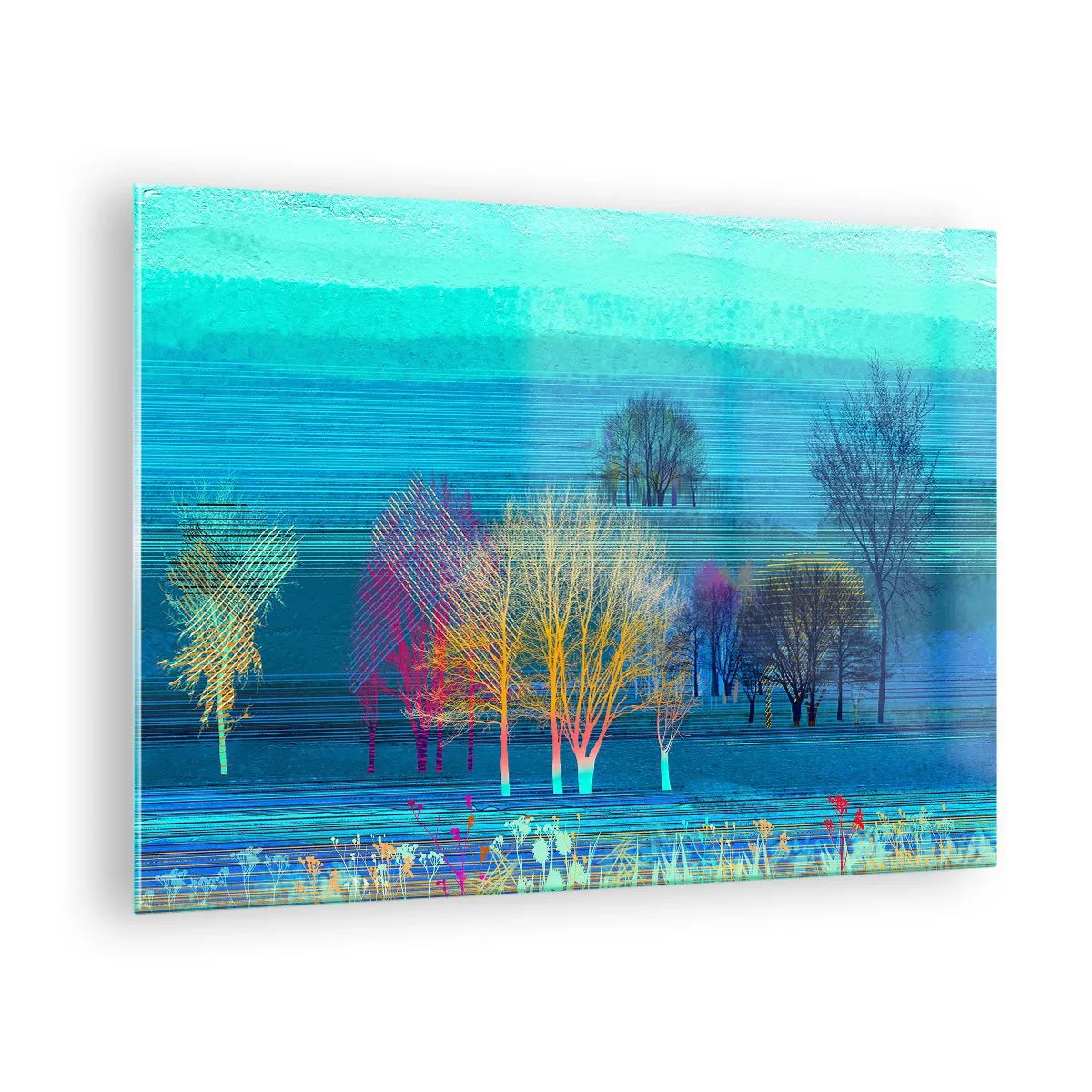 Glasbild - Bild auf glas - Eine farbenfrohe Landschaft mit Bäumen vor einem Hintergrund in Blautönen - 70x50cm - Eine gekämmte Landschaft - Moderne Wanddekoration für Wohnzimmer und Schlafzimmer ARTTOR