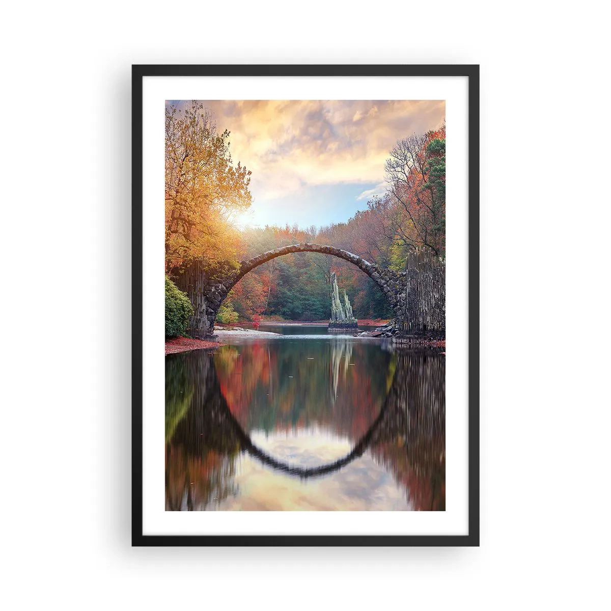Poster in einem schwarzem Rahmen - Eine Steinbrücke über einen See in einer Herbstlandschaft - 50x70cm - Auf der anderen Seite des Spiegels - Moderne Wanddekoration für Wohnzimmer und Schlafzimmer ARTTOR