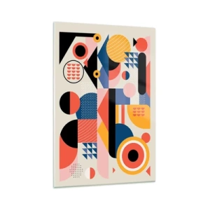 Glasbild - Bild auf glas - Bunte geometrische Formen im Retro-Stil - 70x100cm - Komposition: Na, los, spiel! - Moderne Wanddekoration für Wohnzimmer und Schlafzimmer ARTTOR