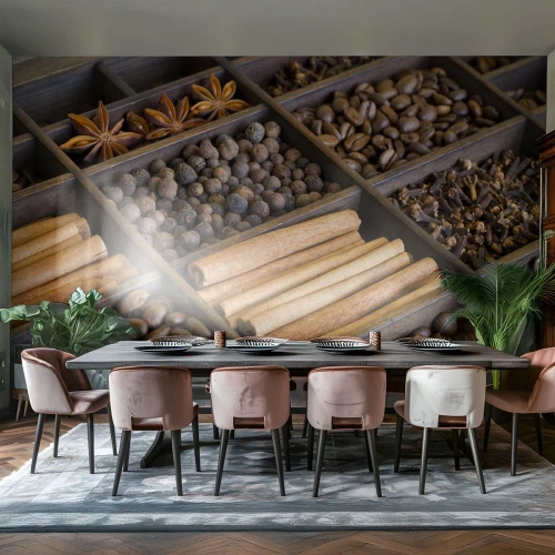 Fototapete Premium Sand - Gewürze und Kaffee in Holzfächern - 100x70cm - Eine Fundgrube an Aromen - Moderne Wanddekoration für Wohnzimmer und Schlafzimmer ARTTOR