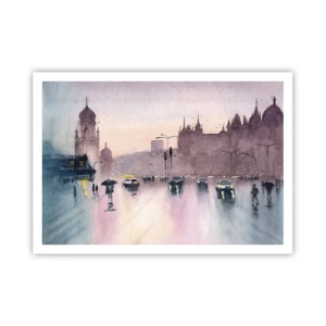Poster - Eine Stadtstraße in der Abenddämmerung im Aquarellstil - 100x70cm - Im regnerischen Dunst - Moderne Wanddekoration für Wohnzimmer und Schlafzimmer ARTTOR