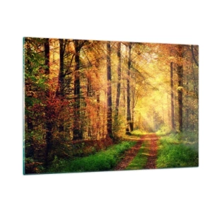 Glasbild - Bild auf glas - Herbstpfad im Wald mit Sonnenstrahlen - 120x80cm - Waldgoldene Stille - Moderne Wanddekoration für Wohnzimmer und Schlafzimmer ARTTOR
