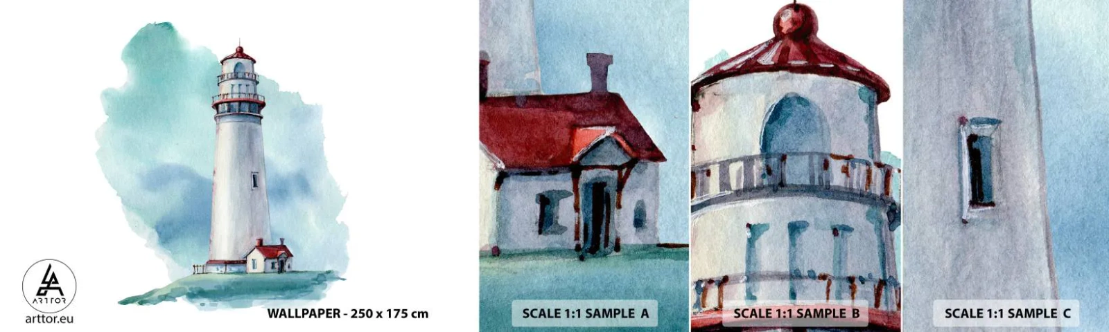 Fototapetenmuster Standard Eco - Sanfte Schwester vom Blau - Leuchtturm, Strand, Zeichnung - 100x30 cm