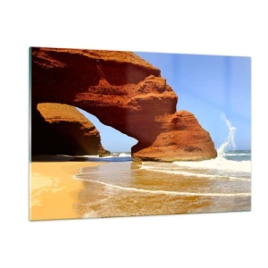 Glasbild - Bild auf glas - Rote Felsbögen über dem Strand und dem Meer - 120x80cm - Wasser und Wind seit Tausenden von Jahren - Moderne Wanddekoration für Wohnzimmer und Schlafzimmer ARTTOR