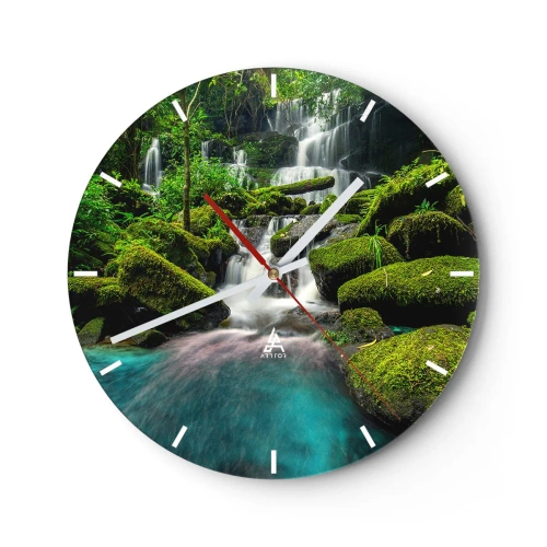 Wanduhr - Glasuhr - Ein grüner Wasserfall mit einem türkisfarbenen See, umgeben von Moos - 30x30cm - Türkis, Saphire und flüssiges Silber - Moderne Wanddekoration für Wohnzimmer, Küche und Schlafzimmer ARTTOR