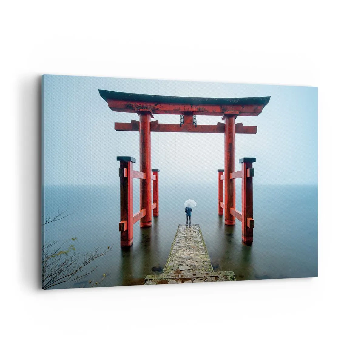 Bild auf Leinwand - Leinwandbild - Ein Torii-Tor mit Blick auf einen ruhigen See in Japan - 100x70cm - Japanische Träumerei - Moderne Wanddekoration für Wohnzimmer und Schlafzimmer ARTTOR