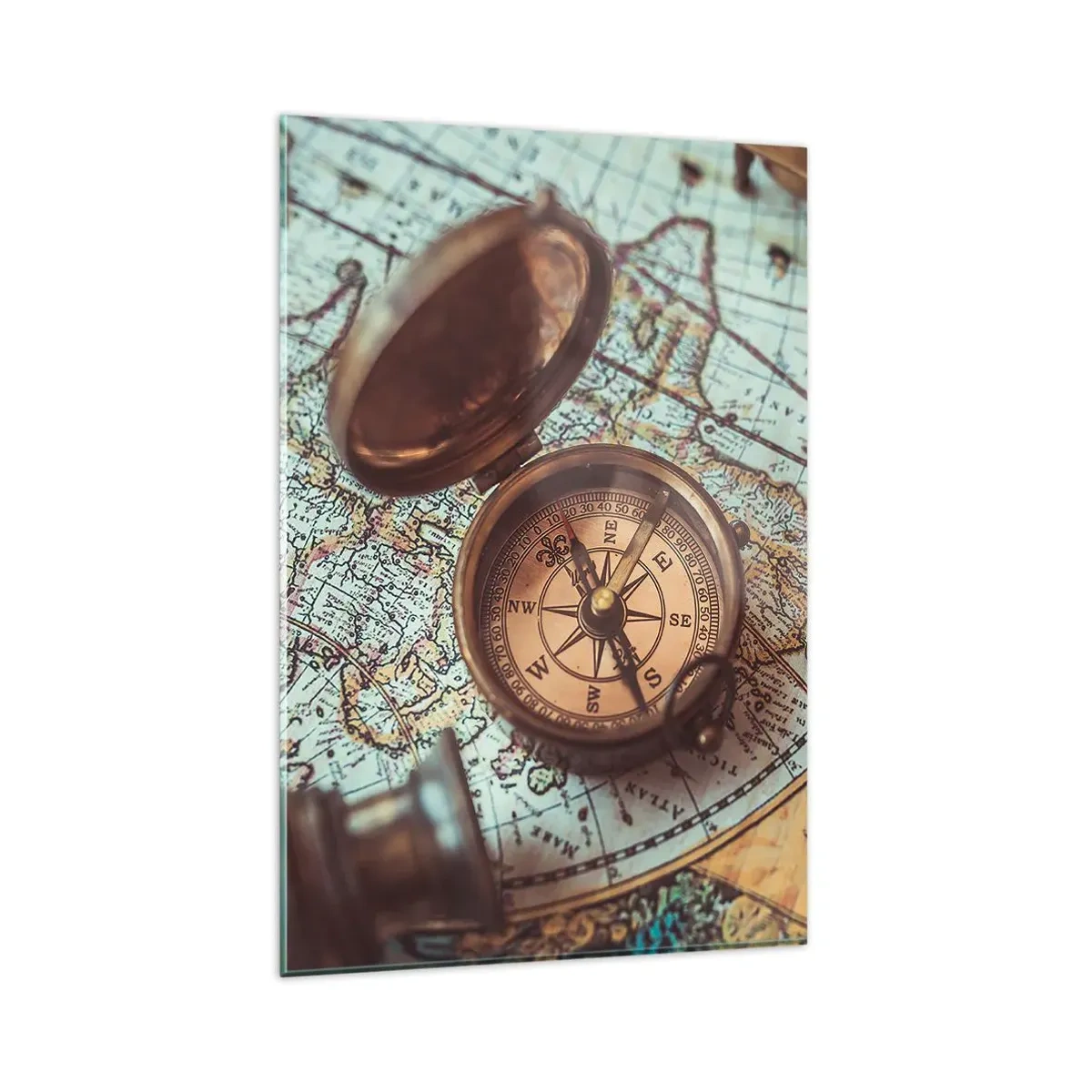 Glasbild - Bild auf glas - Komposition mit Kompass, Schlüsseln und einer alten Karte im Retro-Stil - 80x120cm - Für den Abenteurer - Moderne Wanddekoration für Wohnzimmer und Schlafzimmer ARTTOR