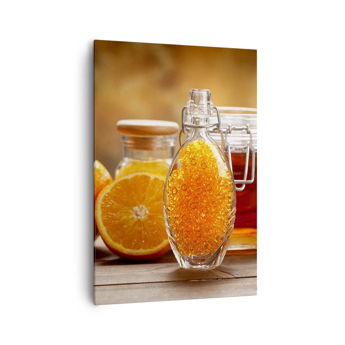 Bild auf Leinwand - Leinwandbild - Eine Flasche bernsteinfarbene Flüssigkeit und frische Orangen - 70x100cm - Sonnige Aromen und Düfte - Moderne Wanddekoration für Wohnzimmer und Schlafzimmer ARTTOR