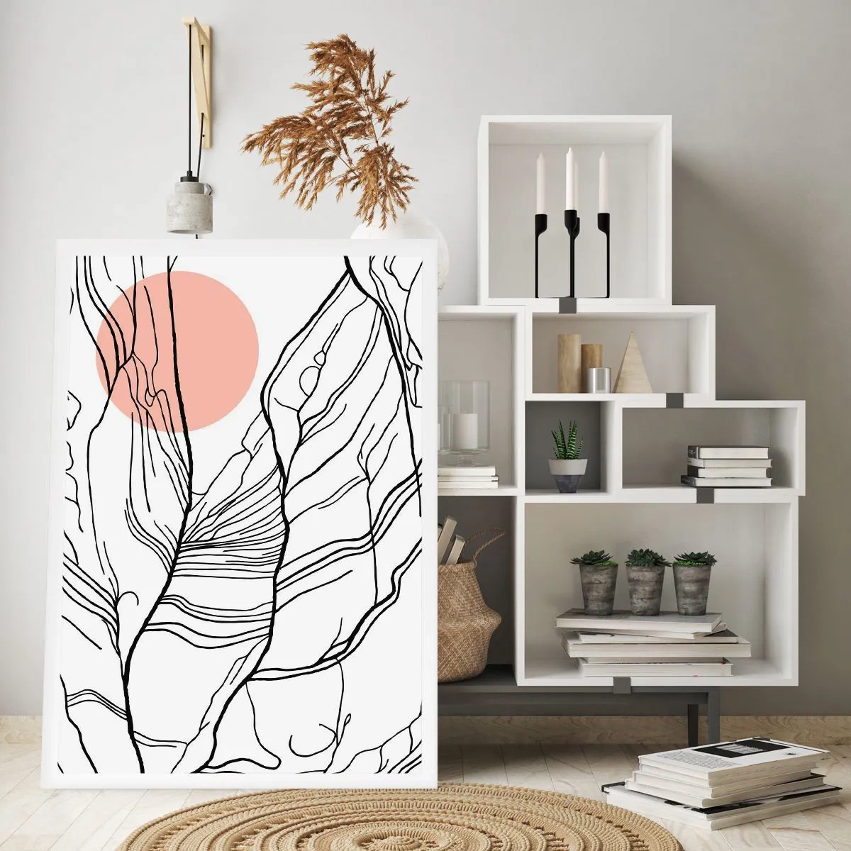 Poster - Minimalistische Strichzeichnung mit einem rosa Kreis im Hintergrund - 50x70cm - In einem Netz aus Zweigen - Moderne Wanddekoration für Wohnzimmer und Schlafzimmer ARTTOR