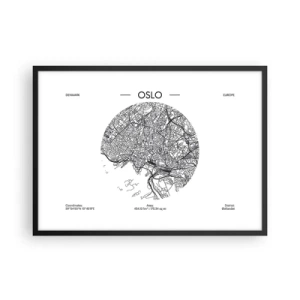 Poster in einem schwarzem Rahmen - Eine Karte von Oslo im minimalistischen Schwarz-Weiß-Stil. - 70x50cm - Anatomie von Oslo - Moderne Wanddekoration für Wohnzimmer und Schlafzimmer ARTTOR