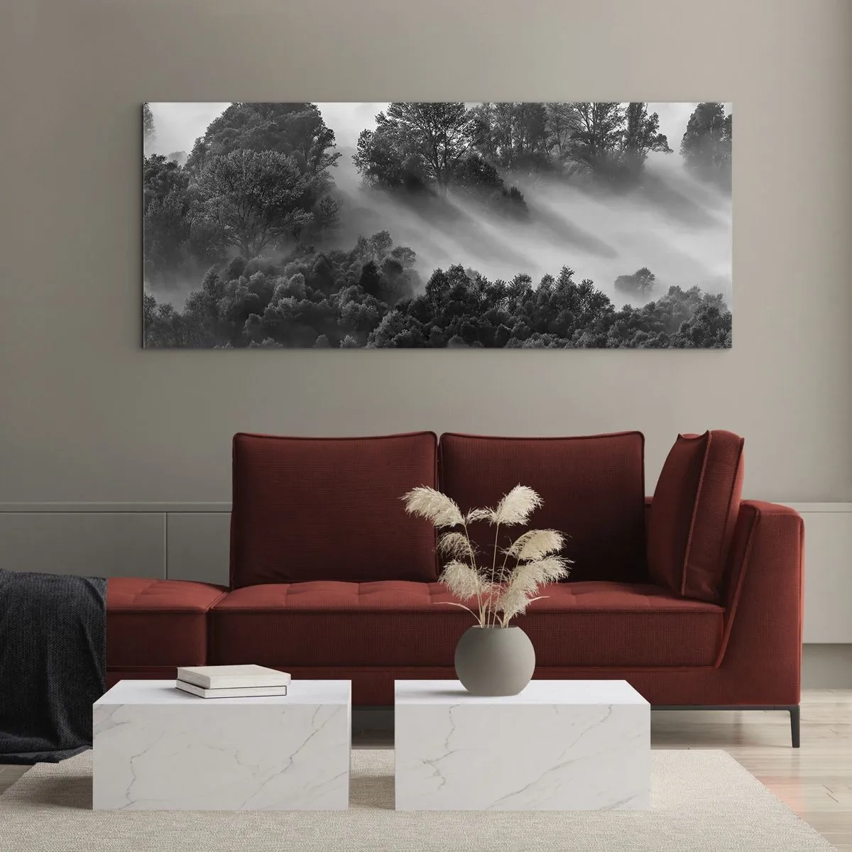 Glasbild - Bild auf glas - Schwarz-weiße Waldlandschaft im Morgennebel - 140x50cm - Aufstehend aus dem Schlaf - Moderne Wanddekoration für Wohnzimmer und Schlafzimmer ARTTOR