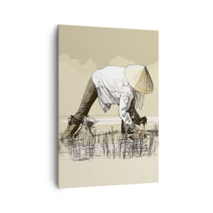 Bild auf Leinwand - Leinwandbild - Bauern bei der Arbeit auf einem Reisfeld mit traditioneller Kopfbedeckung - 70x100cm - Erfolgreiche Ernte - Moderne Wanddekoration für Wohnzimmer und Schlafzimmer ARTTOR