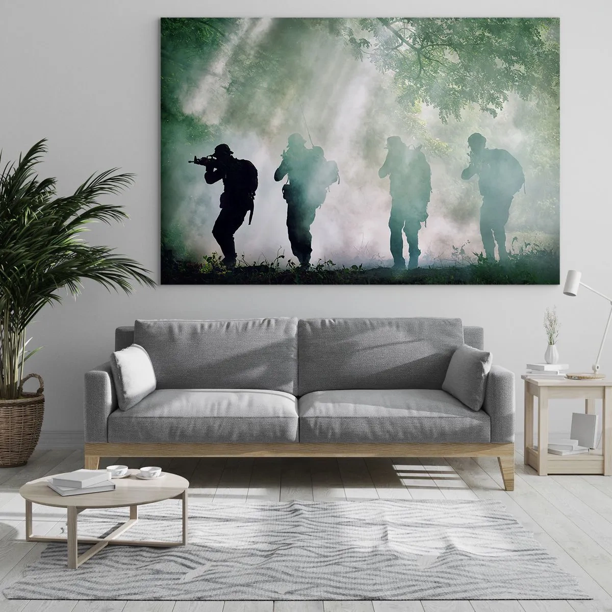 Glasbild - Bild auf glas - Eine Gruppe von Soldaten in Rauch, die in höchster Alarmbereitschaft durch den Wald gehen - 70x50cm - Einer für alle… - Moderne Wanddekoration für Wohnzimmer und Schlafzimmer ARTTOR