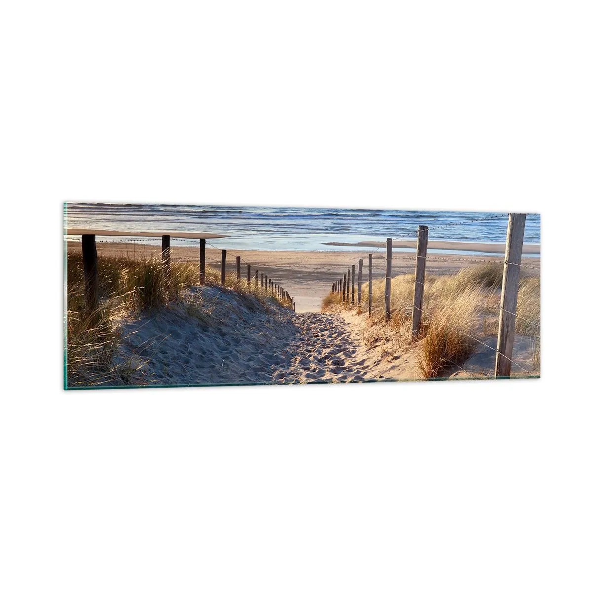 Glasbild - Bild auf glas - Das Rauschen des Meeres, der Gesang der Vögel, ein wilder Strand im Gras ... - 90x30 cm