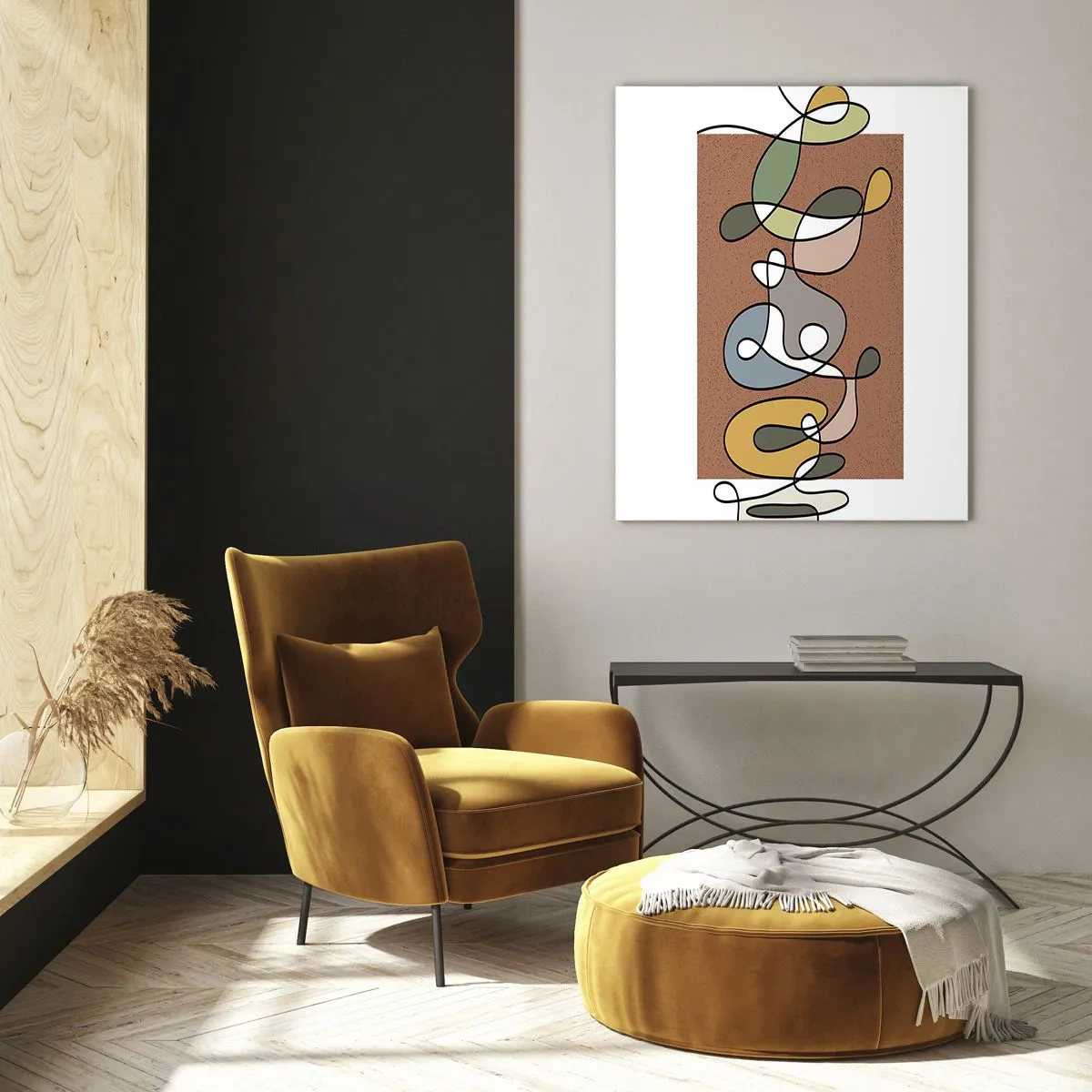 Glasbild - Bild auf glas - Bunte Abstraktion mit einer schwarzen Linie auf braunem Hintergrund - 50x70cm - Abstraktion, die ein Lächeln wert ist - Moderne Wanddekoration für Wohnzimmer und Schlafzimmer ARTTOR