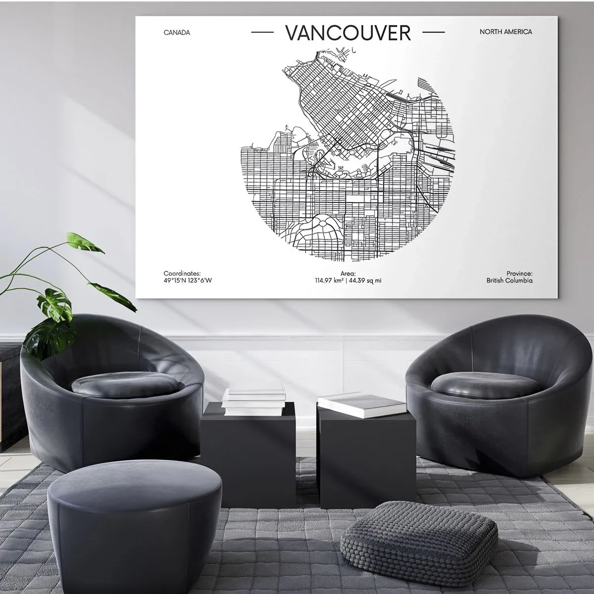 Glasbild - Bild auf glas - Schwarz-weißer Straßenplan von Vancouver - 70x50cm - Anatomie von Vacouver - Moderne Wanddekoration für Wohnzimmer und Schlafzimmer ARTTOR