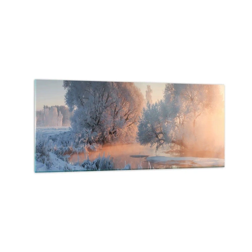 Glasbild - Bild auf glas - Winterlandschaft mit schneebedeckten Bäumen und einem Sonnenuntergang - 120x50cm - Alles im Kristall glänzt in der Sonne - Moderne Wanddekoration für Wohnzimmer und Schlafzimmer ARTTOR