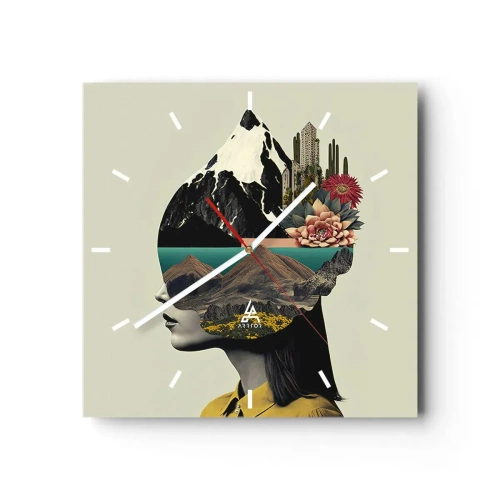 Wanduhr - Glasuhr - Collage einer Frau mit Berglandschaft und Blumen - 30x30cm - Frau – bleibt immer ein Geheimnis - Moderne Wanddekoration für Wohnzimmer und Schlafzimmer ARTTOR