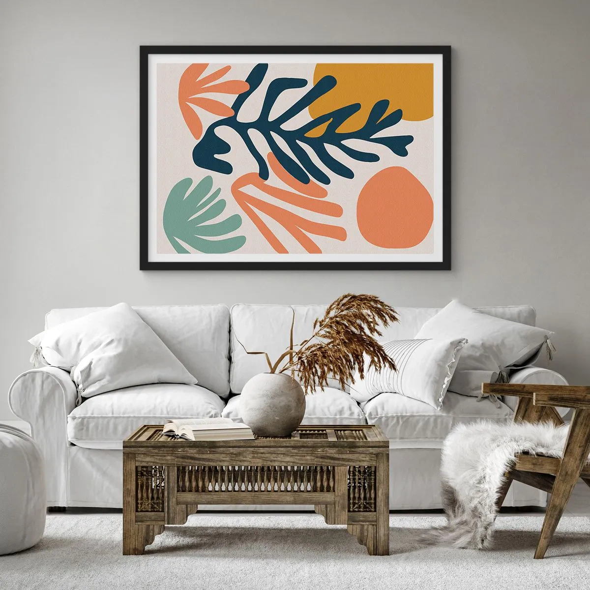 Poster in einem schwarzem Rahmen - Bunte Blätter im abstrakten Stil - 70x50cm - Korallenmeere - Moderne Wanddekoration für Wohnzimmer und Schlafzimmer ARTTOR