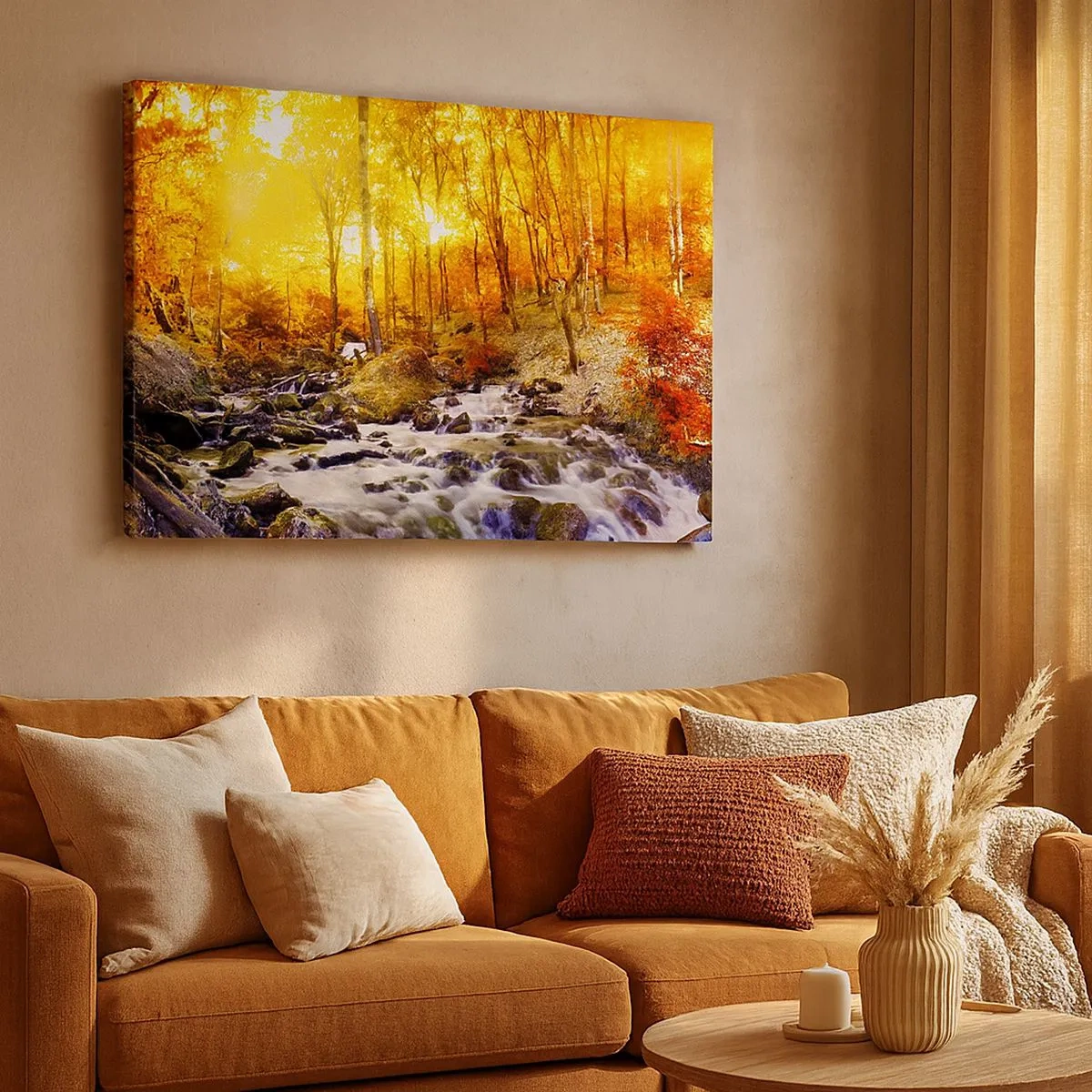 Bild auf Leinwand - Leinwandbild - Herbstwald mit einem Bach zwischen goldenen Blättern - 70x50cm - In Gold und Platin gefasste Steine - Moderne Wanddekoration für Wohnzimmer und Schlafzimmer ARTTOR