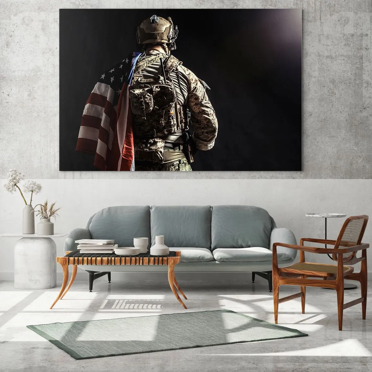 Glasbild - Bild auf glas - Ein Soldat mit einer amerikanischen Flagge vor dunklem Hintergrund - 120x80cm - Darum - Moderne Wanddekoration für Wohnzimmer und Schlafzimmer ARTTOR