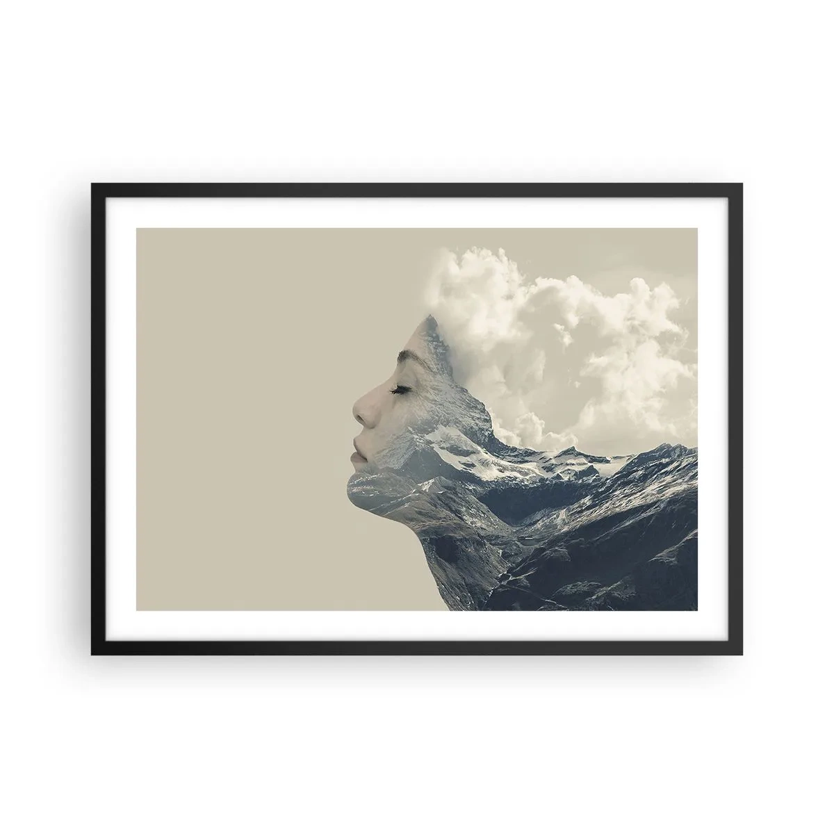 Poster in einem schwarzem Rahmen - Silhouette einer Frau mit einer Berglandschaft im Hintergrund - 70x50cm - Die Schönheit der Elemente der Natur - Moderne Wanddekoration für Wohnzimmer und Schlafzimmer ARTTOR