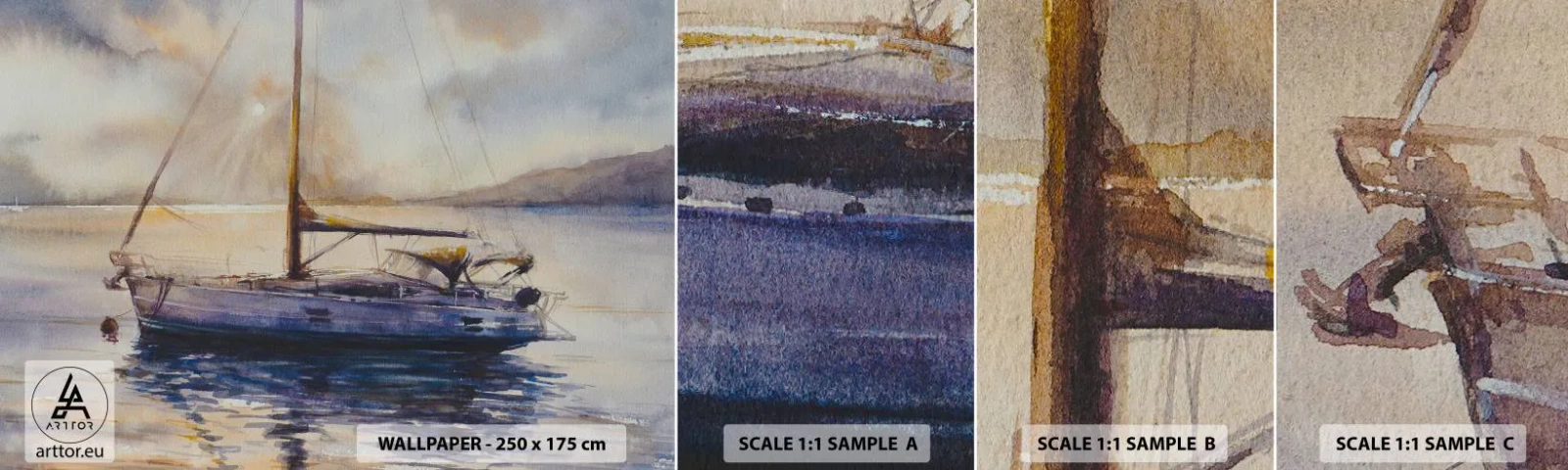 Fototapeten Muster Selbstklebend Deluxe Sticker - Abend in der Bucht - Segelboot, Angeln, Strand - 100x30 cm