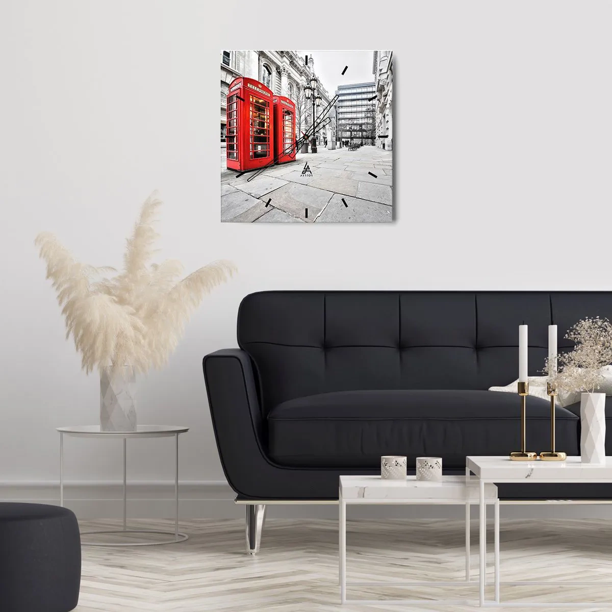 Wanduhr - Glasuhr - Rote Telefonzellen vor dem Hintergrund der Stadtlandschaft - 30x30cm - Willkommen in London - Moderne Wanddekoration für Wohnzimmer und Schlafzimmer ARTTOR