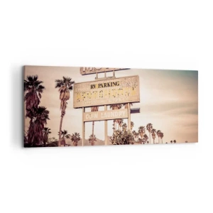 Bild auf Leinwand - Leinwandbild - Retro-Motelschild, umgeben von Palmen - 120x50cm - Hier ist die Zeit stehen geblieben - Moderne Wanddekoration für Wohnzimmer und Schlafzimmer ARTTOR