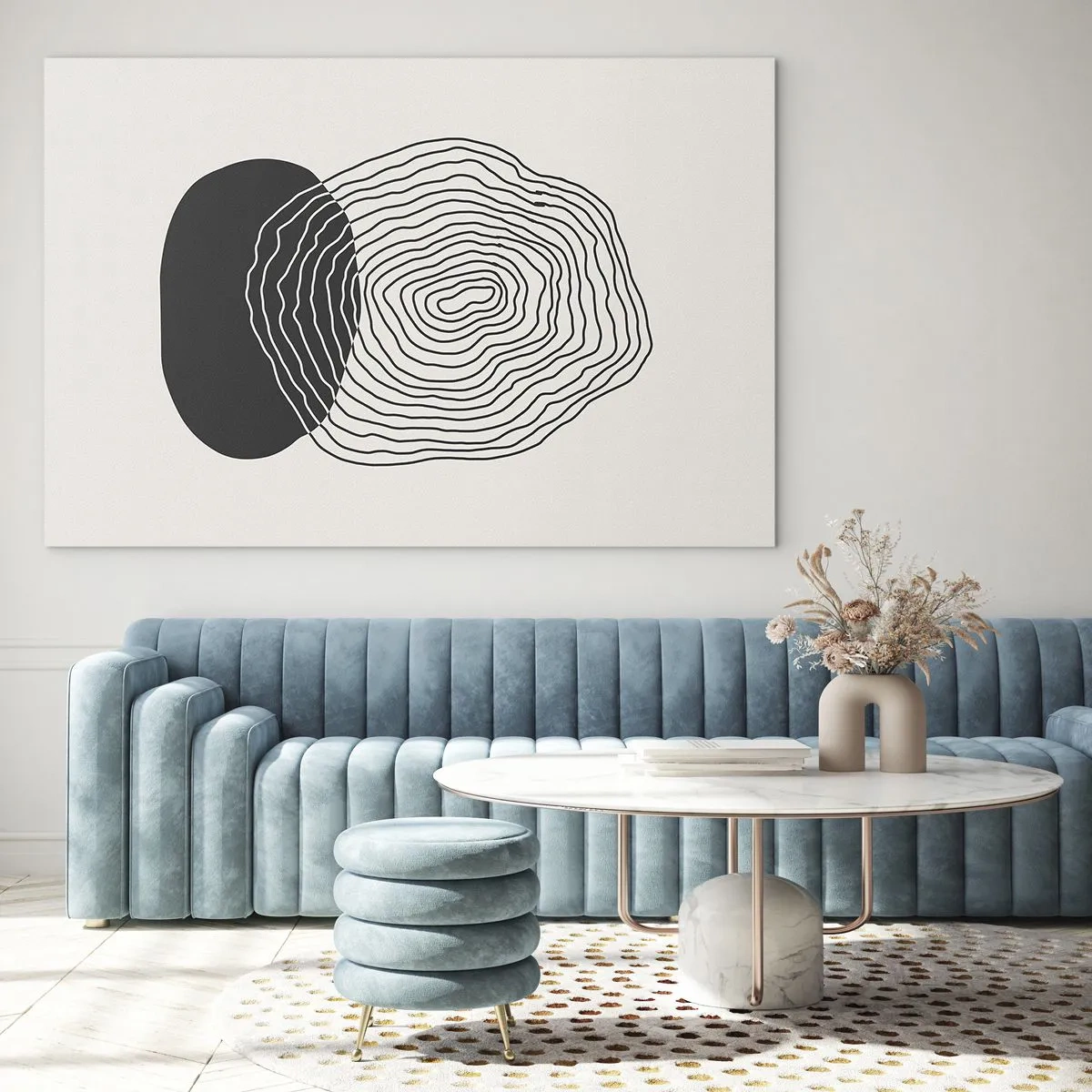 Glasbild - Bild auf glas - Abstraktes Muster mit schwarzen und weißen Ovalen und Linien - 70x50cm - Dauer und Schwingung - Moderne Wanddekoration für Wohnzimmer und Schlafzimmer ARTTOR