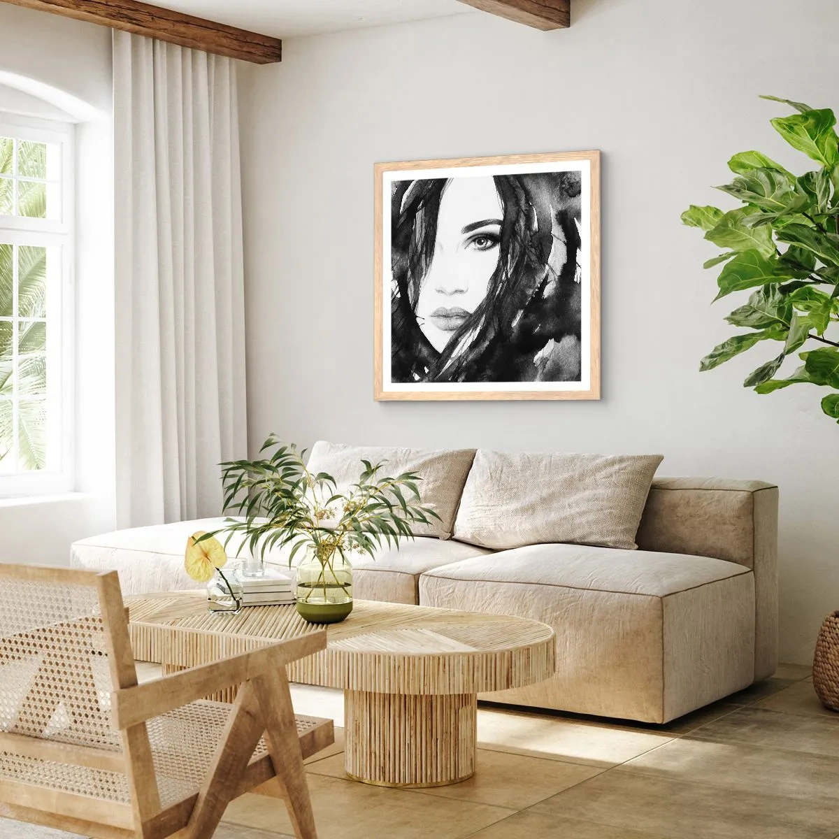 Poster in einem Rahmen aus heller Eiche - Porträt einer Dame in Schwarzweiß - 30x30 cm