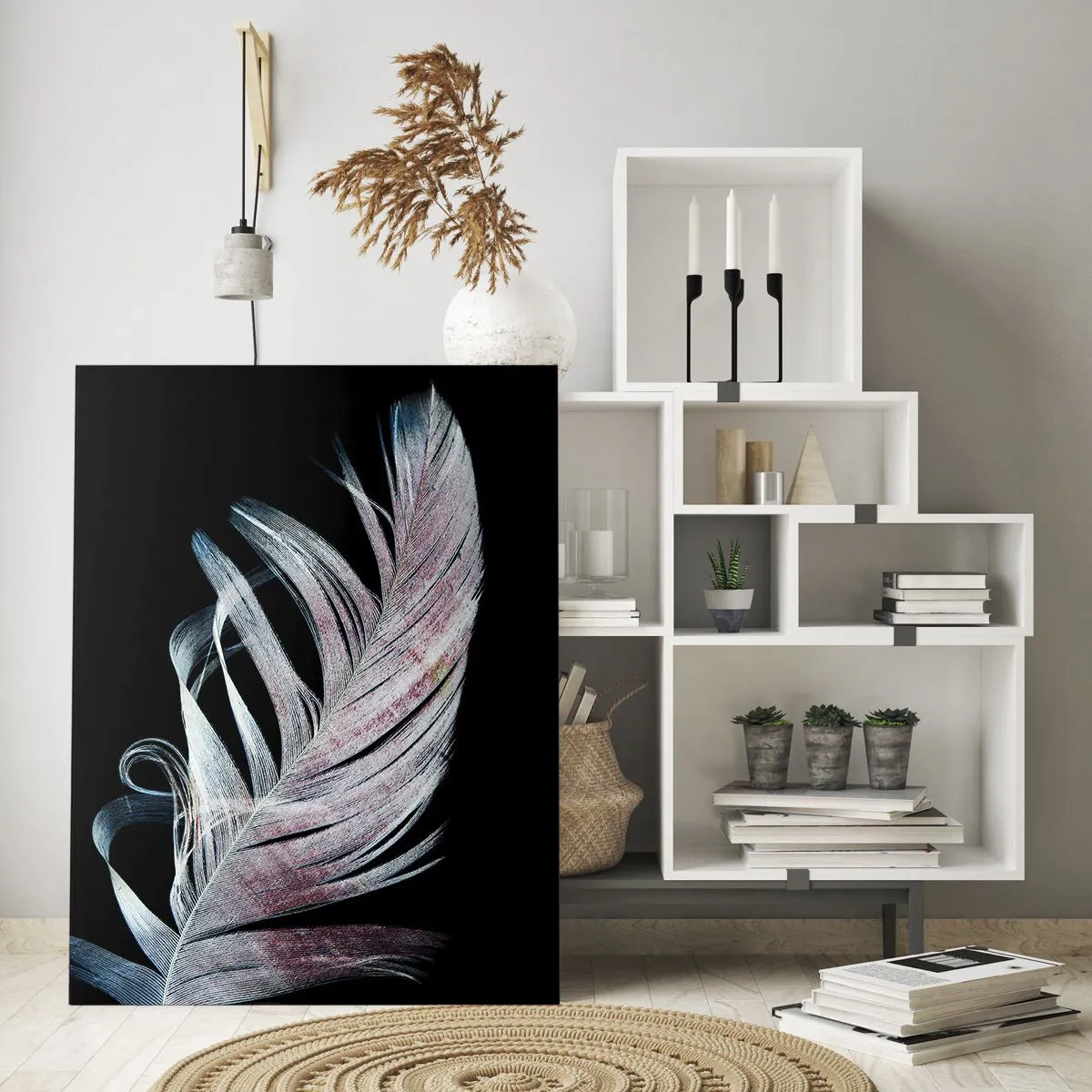 Glasbild - Bild auf glas - Eine zarte Feder auf schwarzem Hintergrund in einem künstlerischen Ansatz - 50x70cm - Denke an Berührung - Moderne Wanddekoration für Wohnzimmer und Schlafzimmer ARTTOR